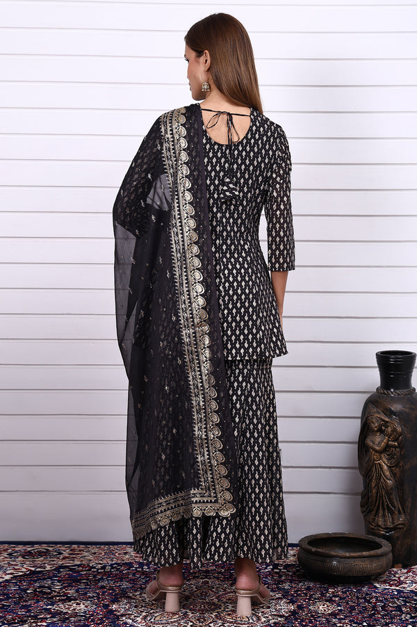 Black Ethnic Motifs Zari Embroidered Flared Kurta, Sharara and Dupatta Set