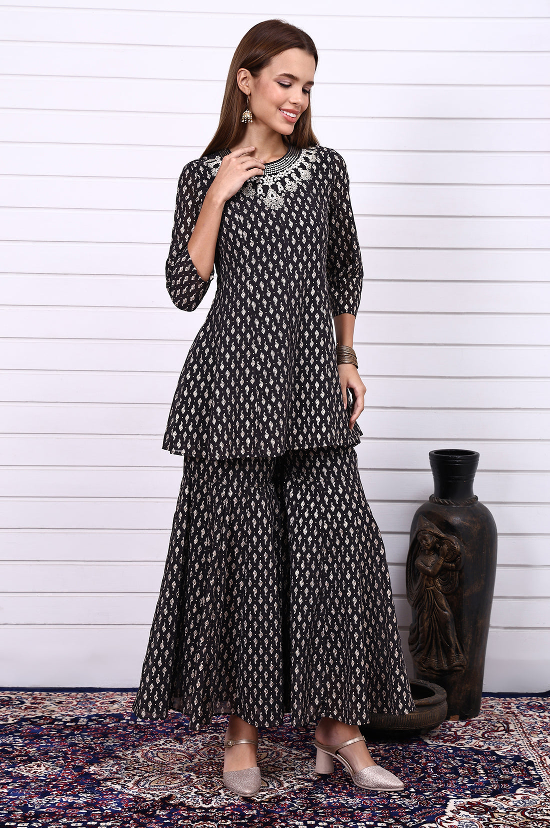 Black Ethnic Motifs Zari Embroidered Flared Kurta, Sharara and Dupatta Set