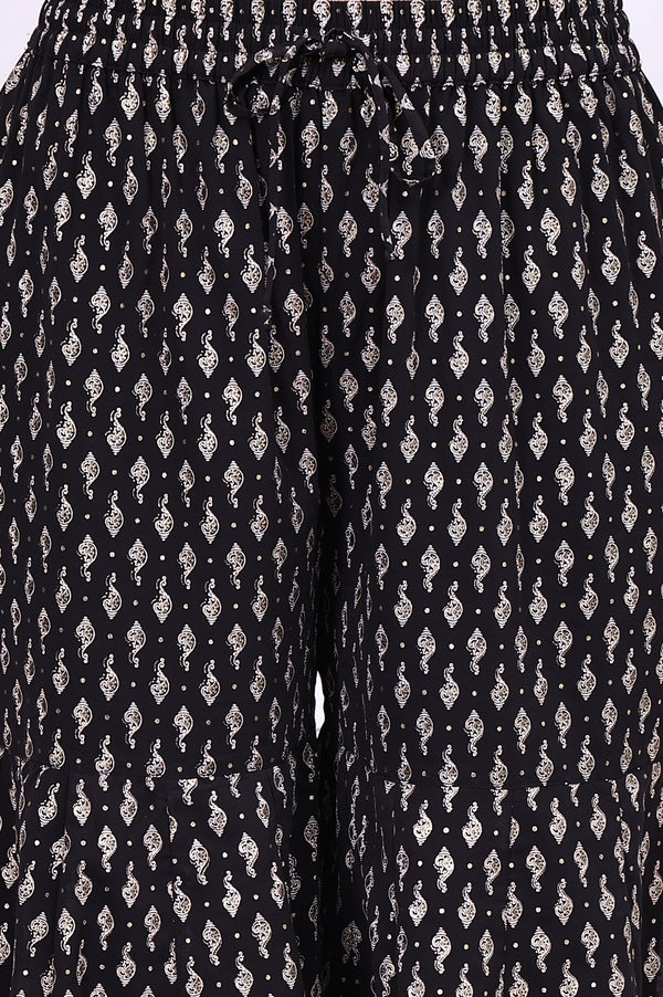 Black Ethnic Motifs Zari Embroidered Flared Kurta, Sharara and Dupatta Set