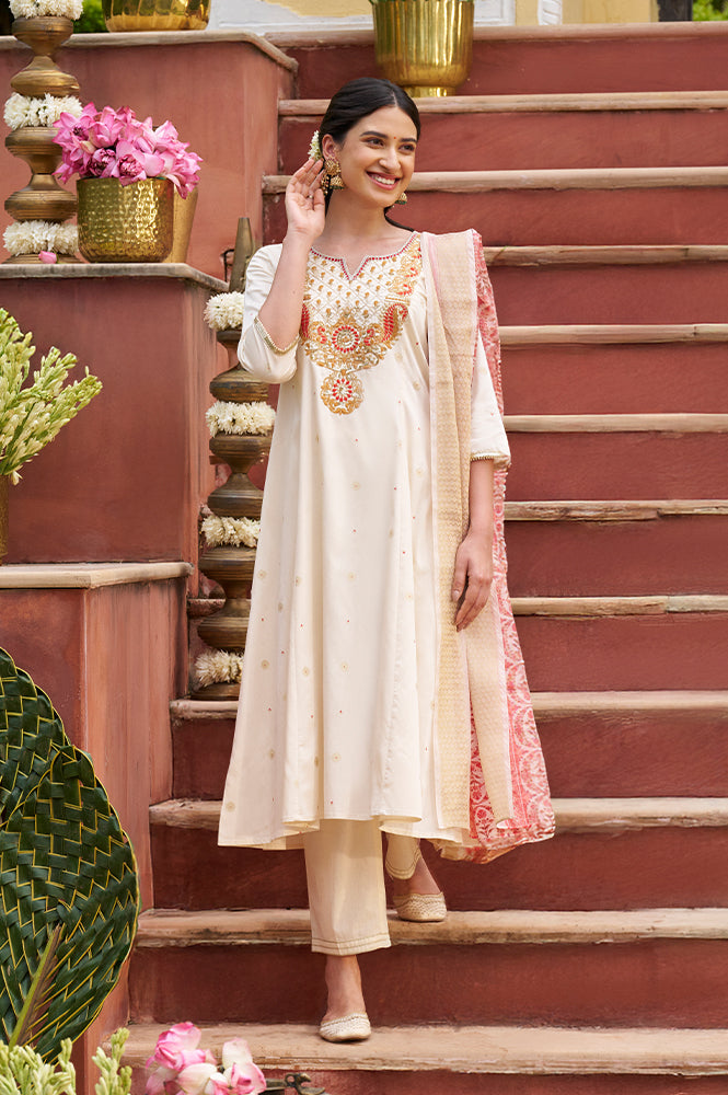 White Zari Embroidered A-line Kurta, Trousers and Dupatta Set