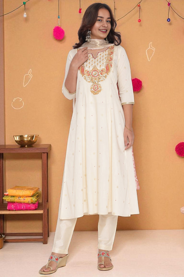 White Zari Embroidered A-line Kurta, Trousers and Dupatta Set