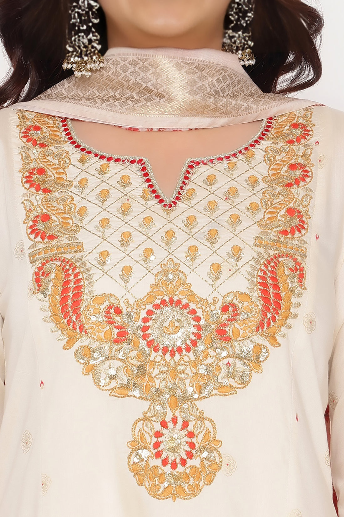 White Zari Embroidered A-line Kurta, Trousers and Dupatta Set