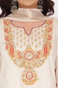 White Zari Embroidered A-line Kurta, Trousers and Dupatta Set