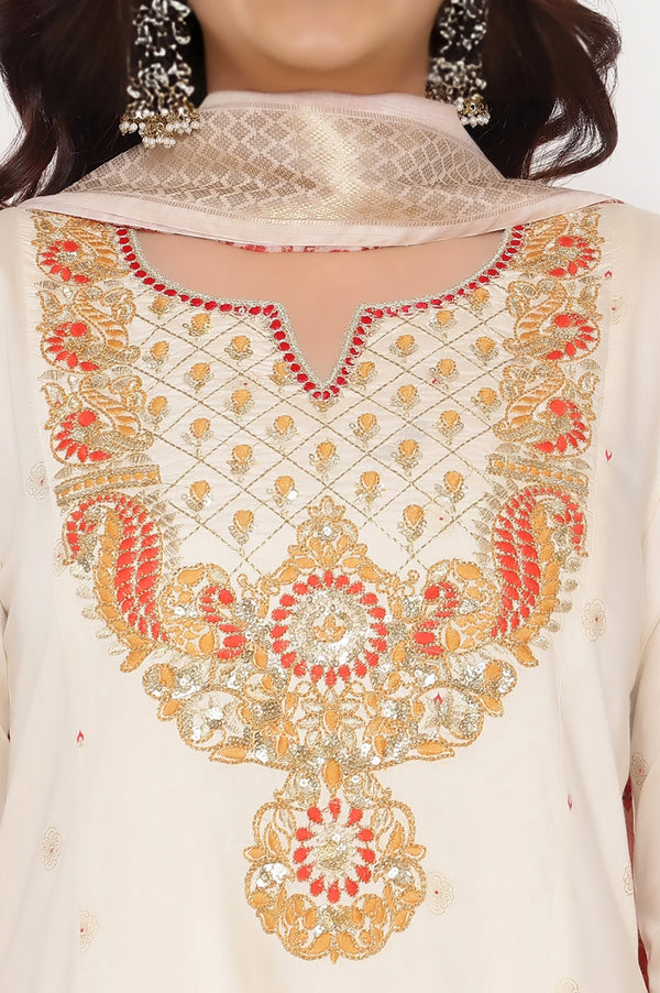 White Zari Embroidered A-line Kurta, Trousers and Dupatta Set
