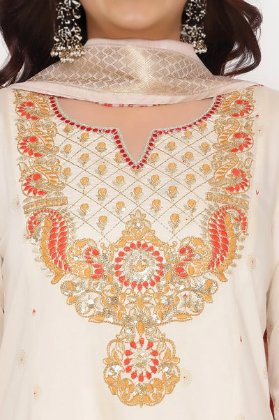 White Zari Embroidered A-line Kurta, Trousers and Dupatta Set
