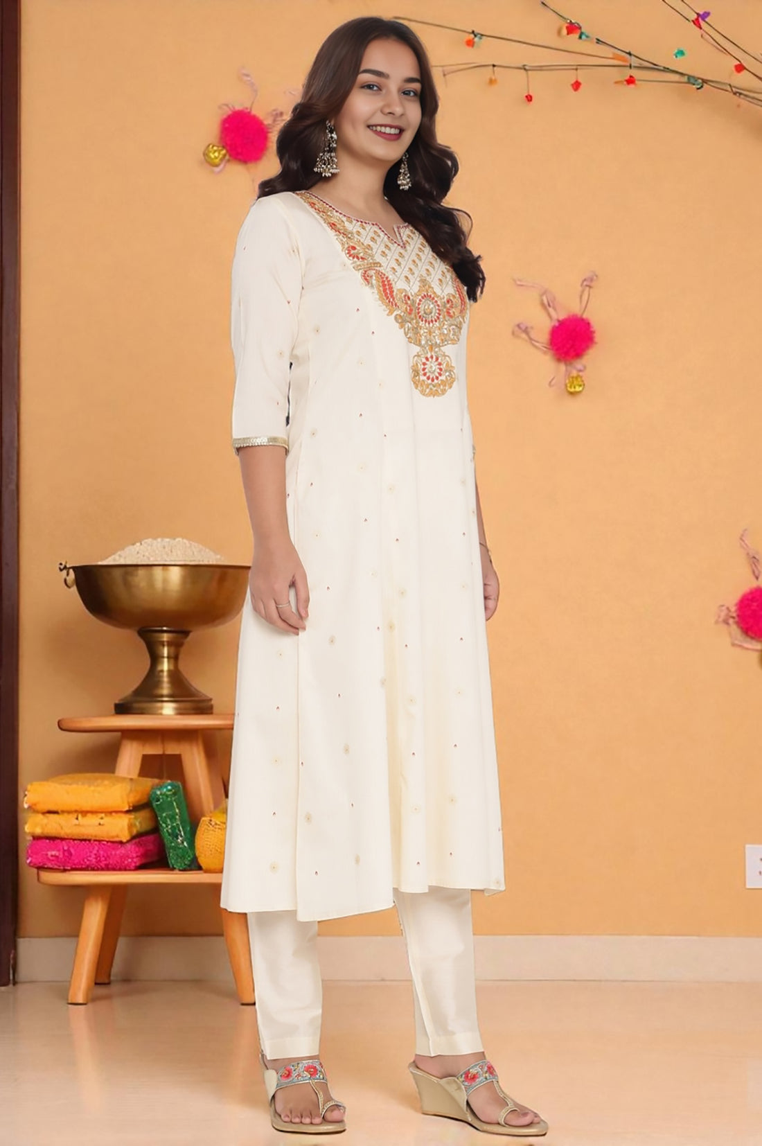 White Zari Embroidered A-line Kurta, Trousers and Dupatta Set