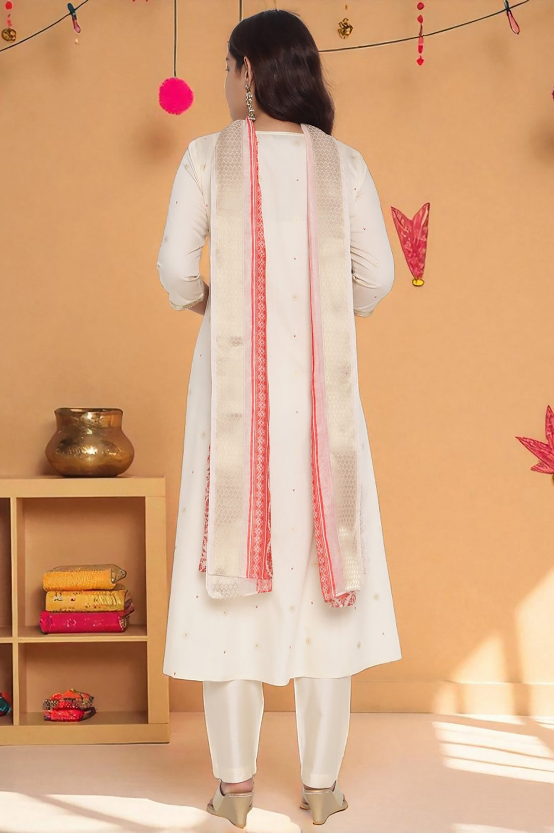 White Zari Embroidered A-line Kurta, Trousers and Dupatta Set