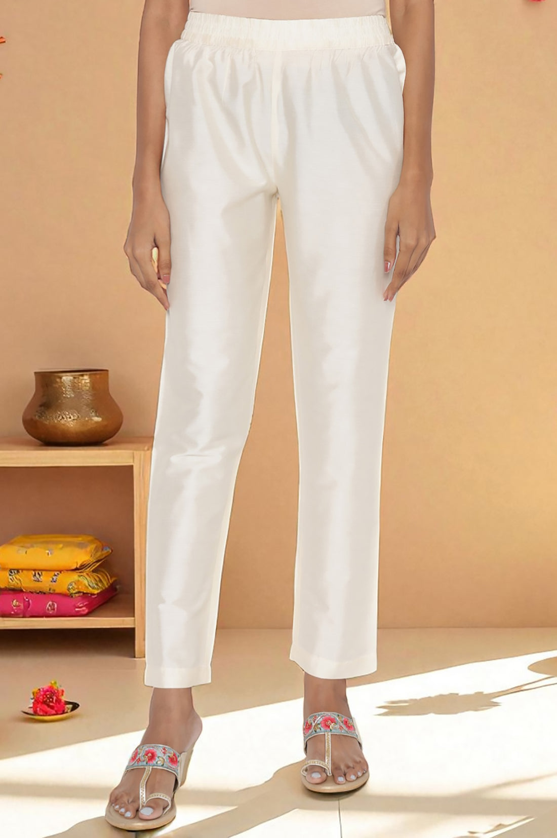 White Zari Embroidered A-line Kurta, Trousers and Dupatta Set