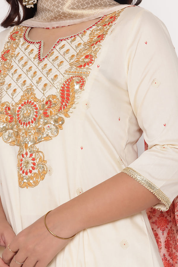 White Zari Embroidered A-line Kurta, Trousers and Dupatta Set