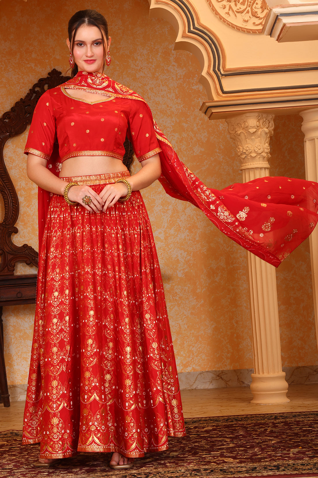 Red Abstract Printed Straight Crop Top and Skirt Set