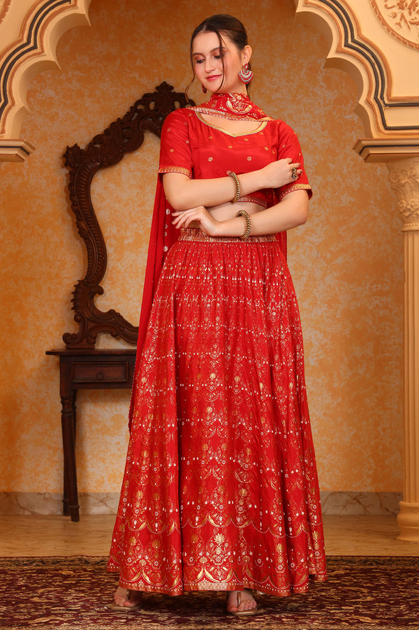 Red Abstract Printed Straight Crop Top and Skirt Set