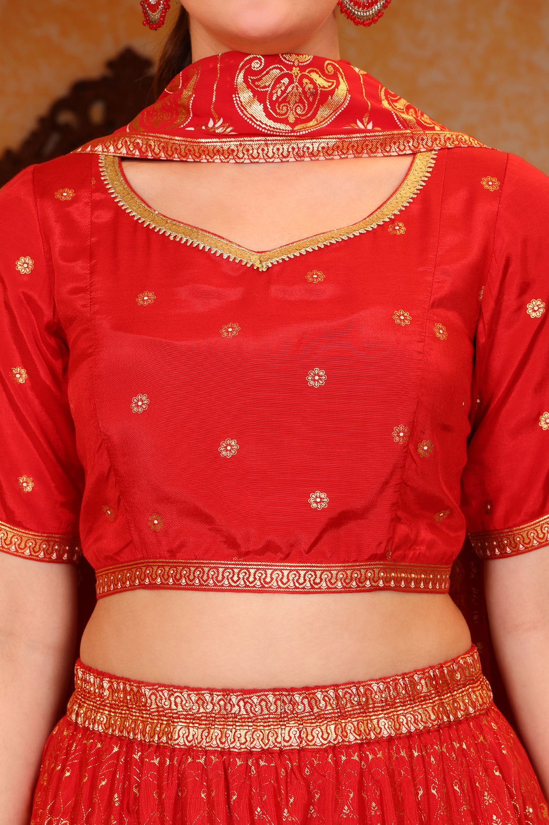 Red Abstract Printed Straight Crop Top and Skirt Set