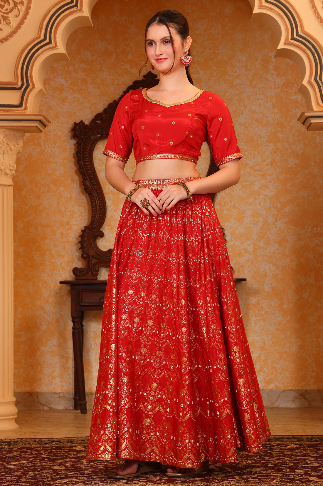 Red Abstract Printed Straight Crop Top and Skirt Set