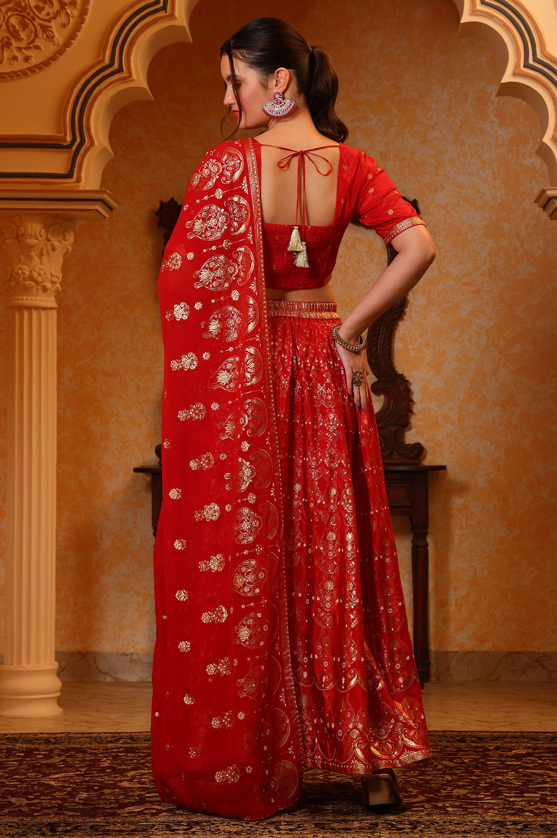 Red Abstract Printed Straight Crop Top and Skirt Set