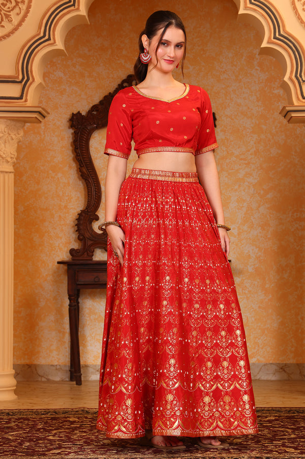 Red Abstract Printed Straight Crop Top and Skirt Set