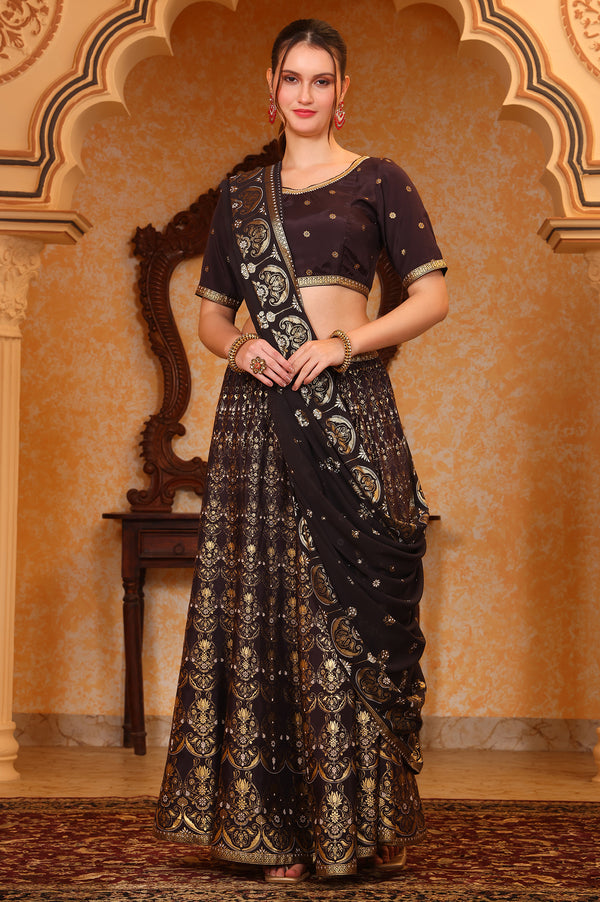 Black Abstract Printed Tape Embellished Straight Crop Top, Skirt and Dupatta Set