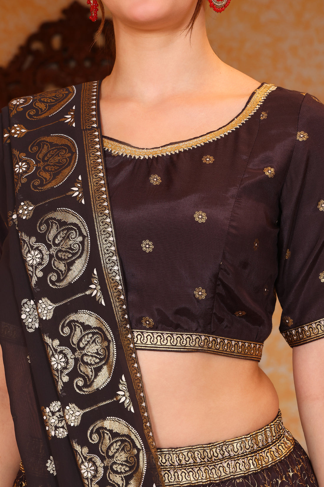 Black Abstract Printed Tape Embellished Straight Crop Top, Skirt and Dupatta Set