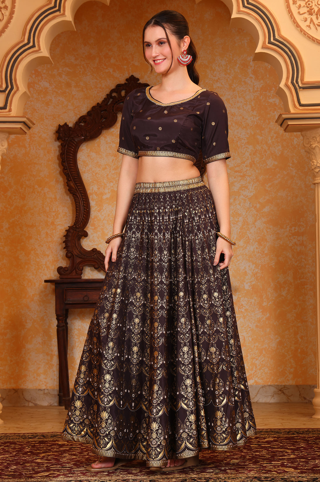 Black Abstract Printed Tape Embellished Straight Crop Top, Skirt and Dupatta Set