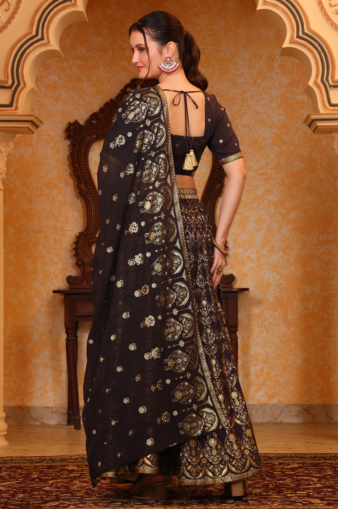 Black Abstract Printed Tape Embellished Straight Crop Top, Skirt and Dupatta Set
