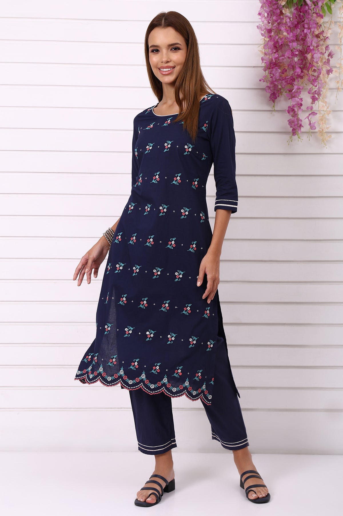 Navy Blue Embroidered Pure Cotton Straight Kurta and Palazzo Co-ord Set - S