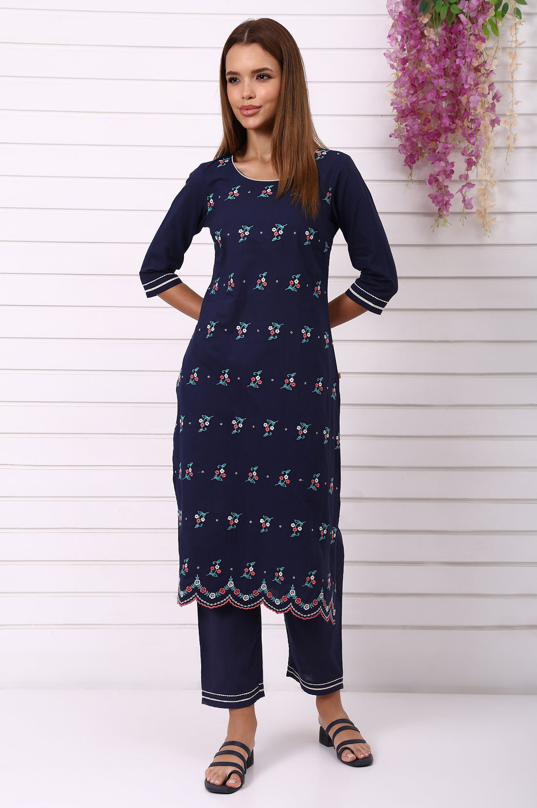 Navy Blue Embroidered Pure Cotton Straight Kurta and Palazzo Co-ord Set