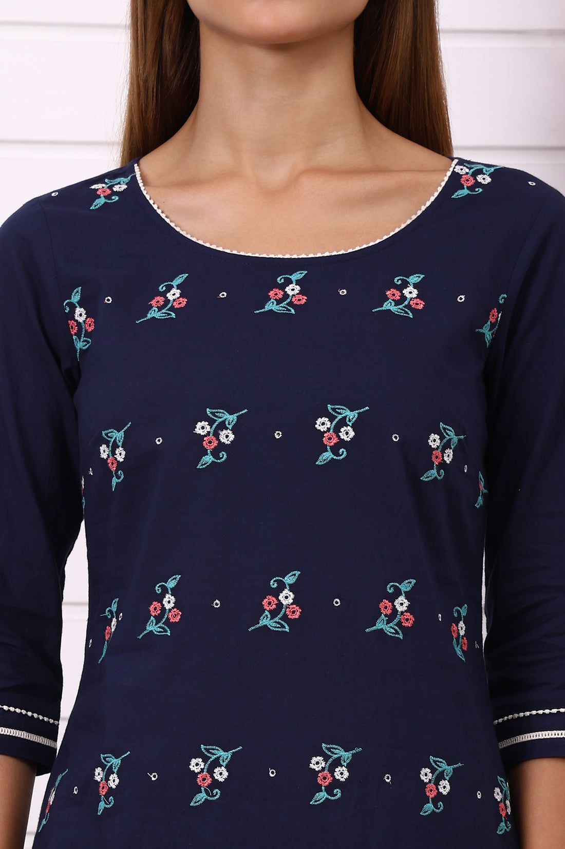 Navy Blue Embroidered Pure Cotton Straight Kurta and Palazzo Co-ord Set