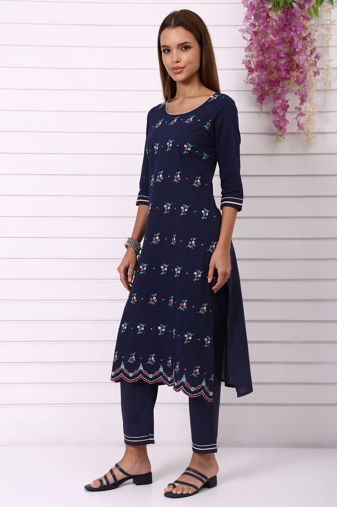 Navy Blue Embroidered Pure Cotton Straight Kurta and Palazzo Co-ord Set