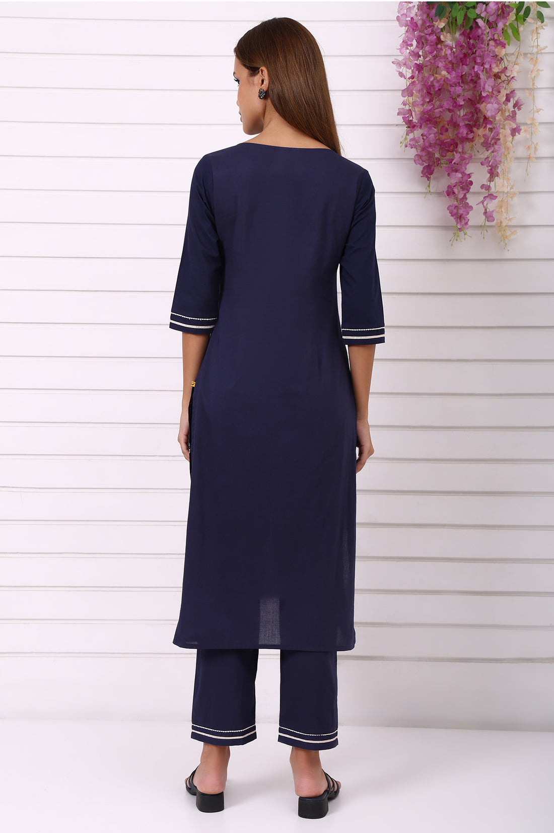 Navy Blue Embroidered Pure Cotton Straight Kurta and Palazzo Co-ord Set