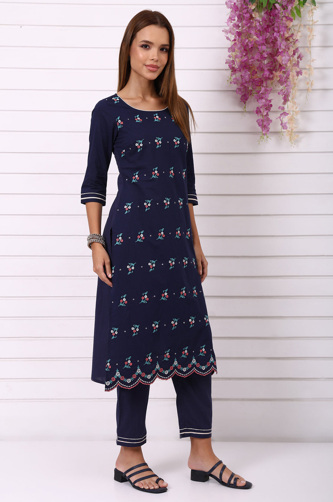 Navy Blue Embroidered Pure Cotton Straight Kurta and Palazzo Co-ord Set