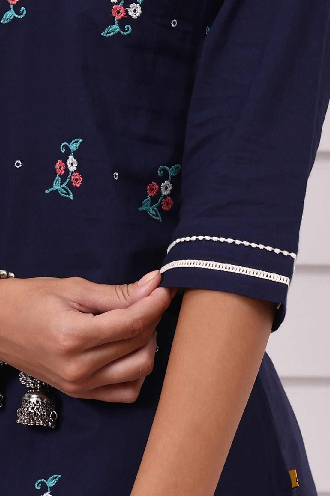 Navy Blue Embroidered Pure Cotton Straight Kurta and Palazzo Co-ord Set