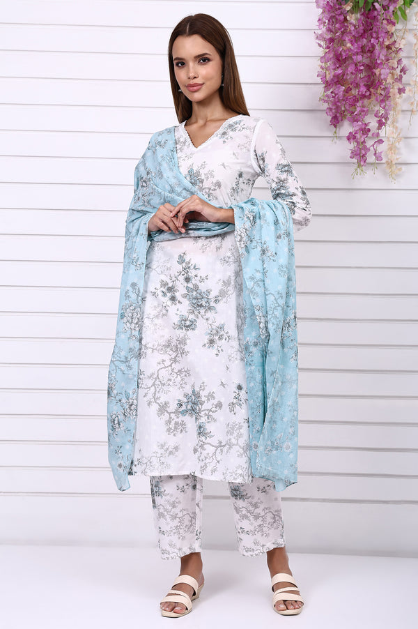 White Floral Printed Schiffly Embroidered Pure Cotton Straight Kurta, Palazzo and Dupatta Set