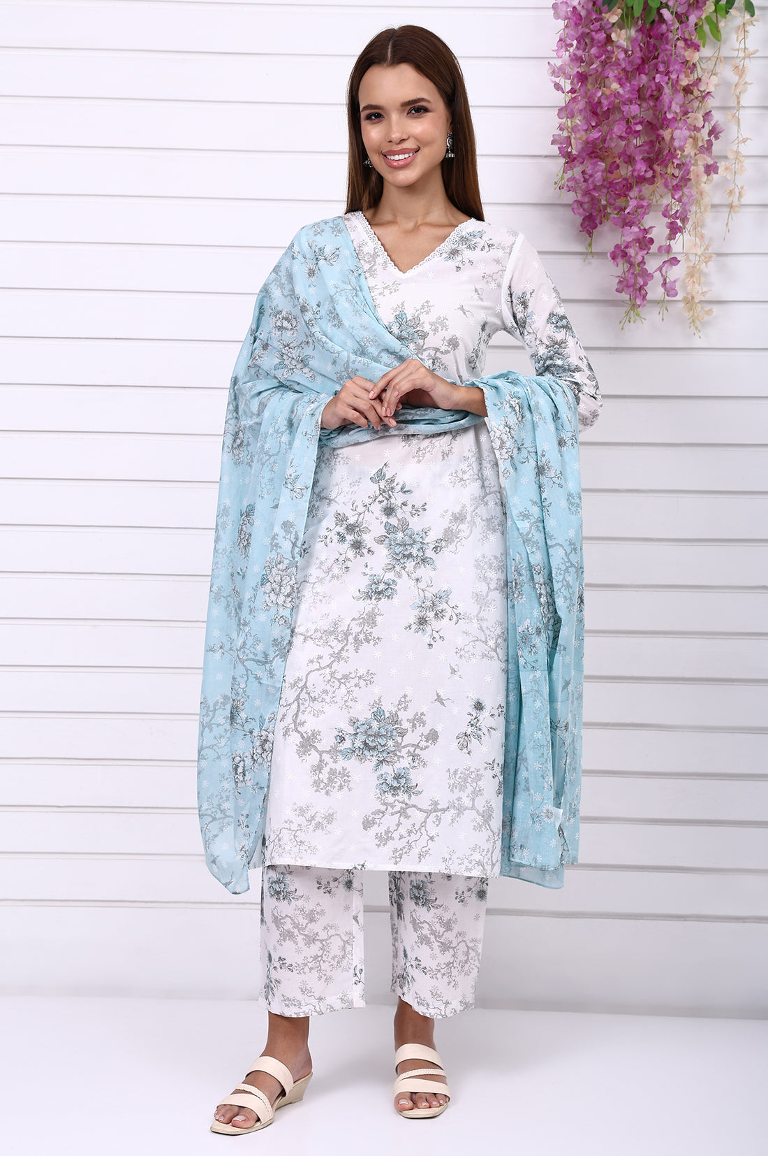 White Floral Printed Schiffly Embroidered Pure Cotton Straight Kurta, Palazzo and Dupatta Set