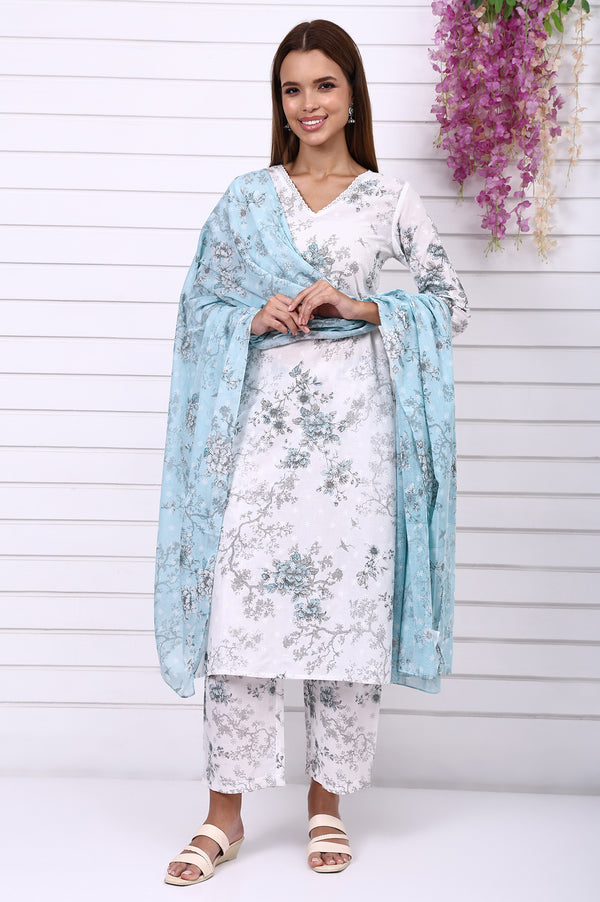 White Floral Printed Schiffly Embroidered Pure Cotton Straight Kurta, Palazzo and Dupatta Set