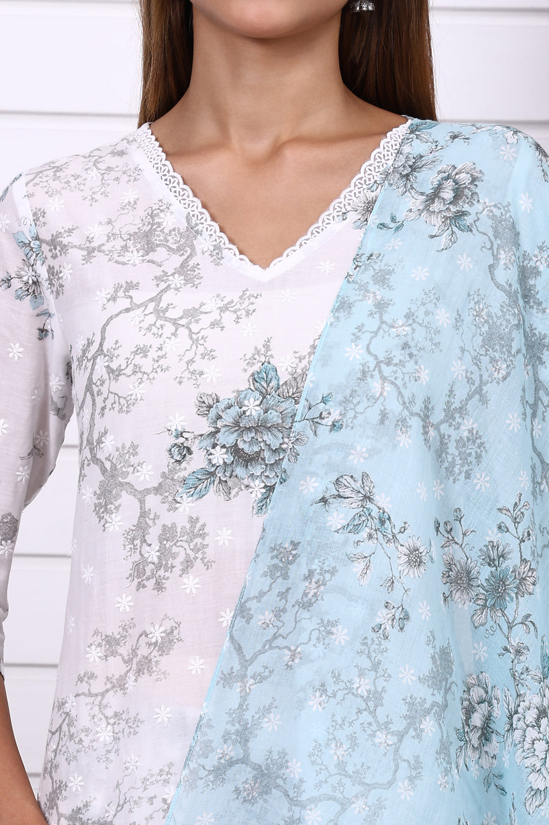 White Floral Printed Schiffly Embroidered Pure Cotton Straight Kurta, Palazzo and Dupatta Set