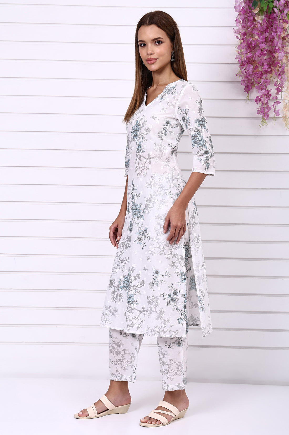 White Floral Printed Schiffly Embroidered Pure Cotton Straight Kurta, Palazzo and Dupatta Set