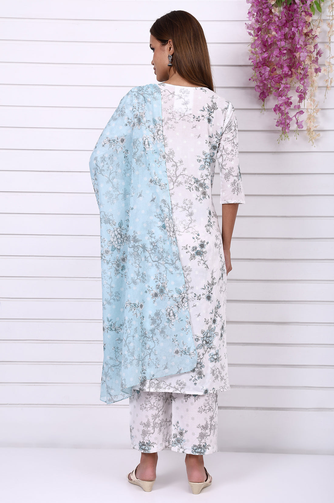 White Floral Printed Schiffly Embroidered Pure Cotton Straight Kurta, Palazzo and Dupatta Set