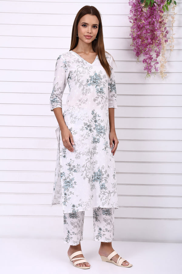 White Floral Printed Schiffly Embroidered Pure Cotton Straight Kurta, Palazzo and Dupatta Set