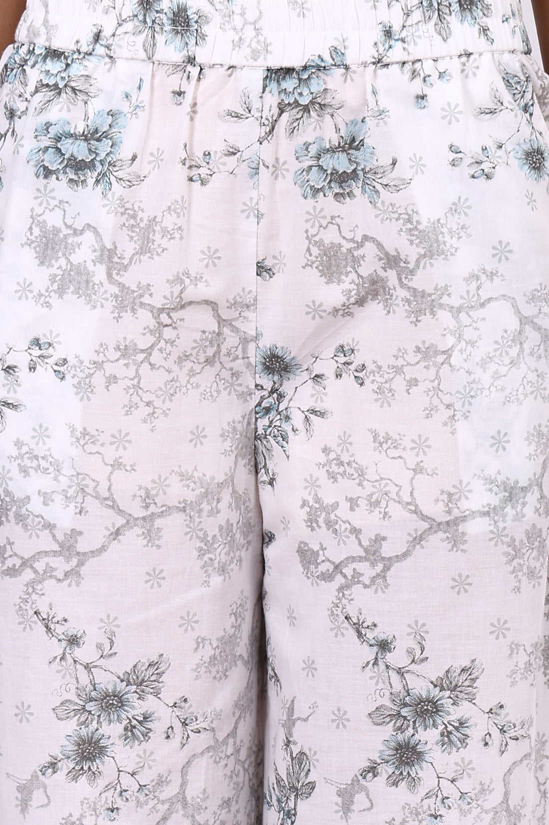 White Floral Printed Schiffly Embroidered Pure Cotton Straight Kurta, Palazzo and Dupatta Set