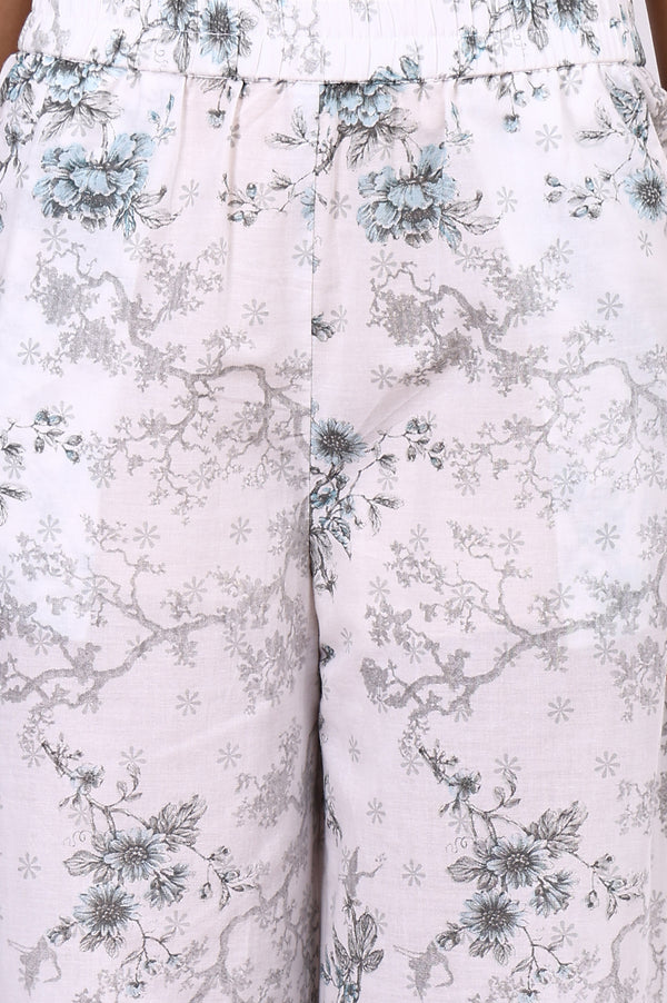 White Floral Printed Schiffly Embroidered Pure Cotton Straight Kurta, Palazzo and Dupatta Set