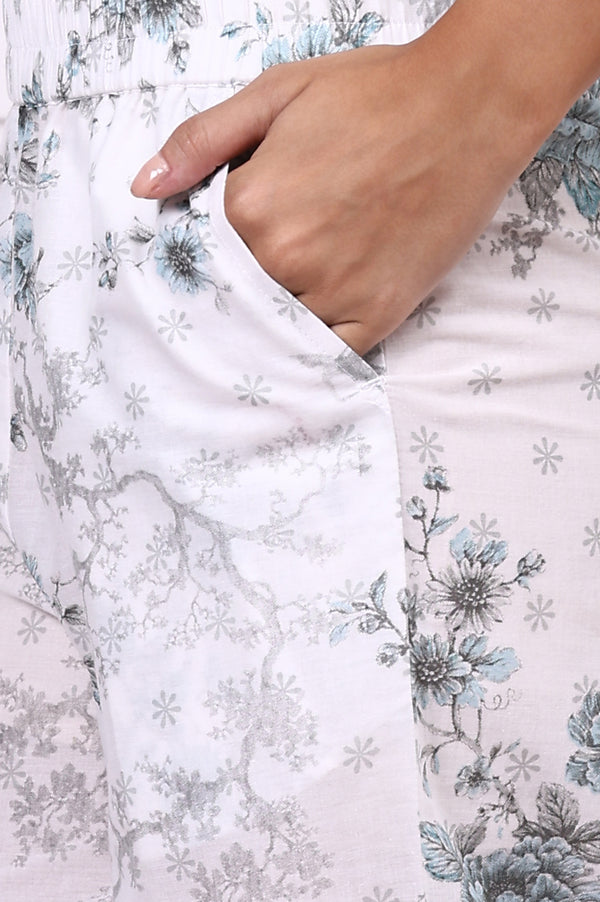 White Floral Printed Schiffly Embroidered Pure Cotton Straight Kurta, Palazzo and Dupatta Set