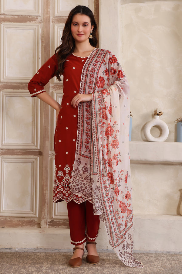 Rust Embroidered Schiffily Straight Cotton Kurta, Trouser and Dupatta Set