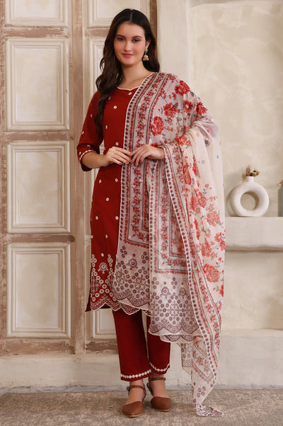 Rust Embroidered Schiffily Straight Cotton Kurta, Trouser and Dupatta Set