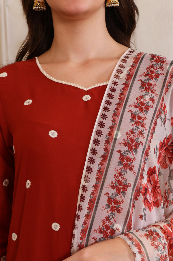 Rust Embroidered Schiffily Straight Cotton Kurta, Trouser and Dupatta Set