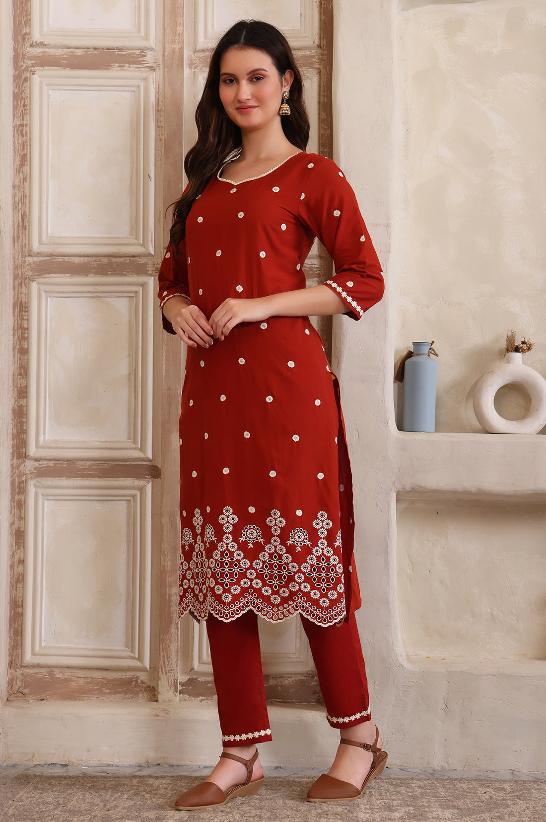 Rust Embroidered Schiffily Straight Cotton Kurta, Trouser and Dupatta Set