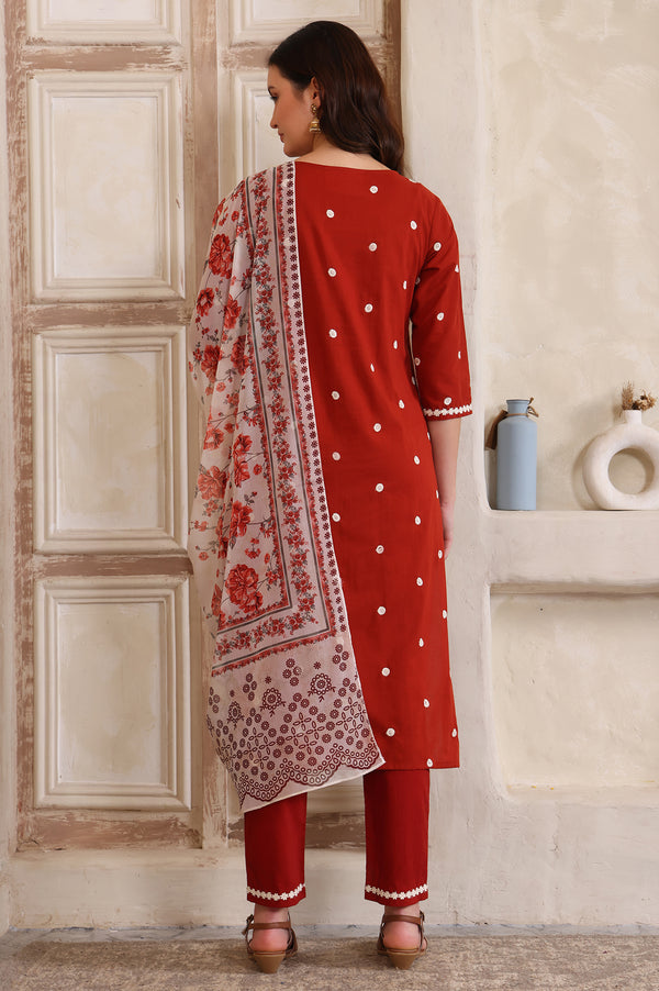 Rust Embroidered Schiffily Straight Cotton Kurta, Trouser and Dupatta Set