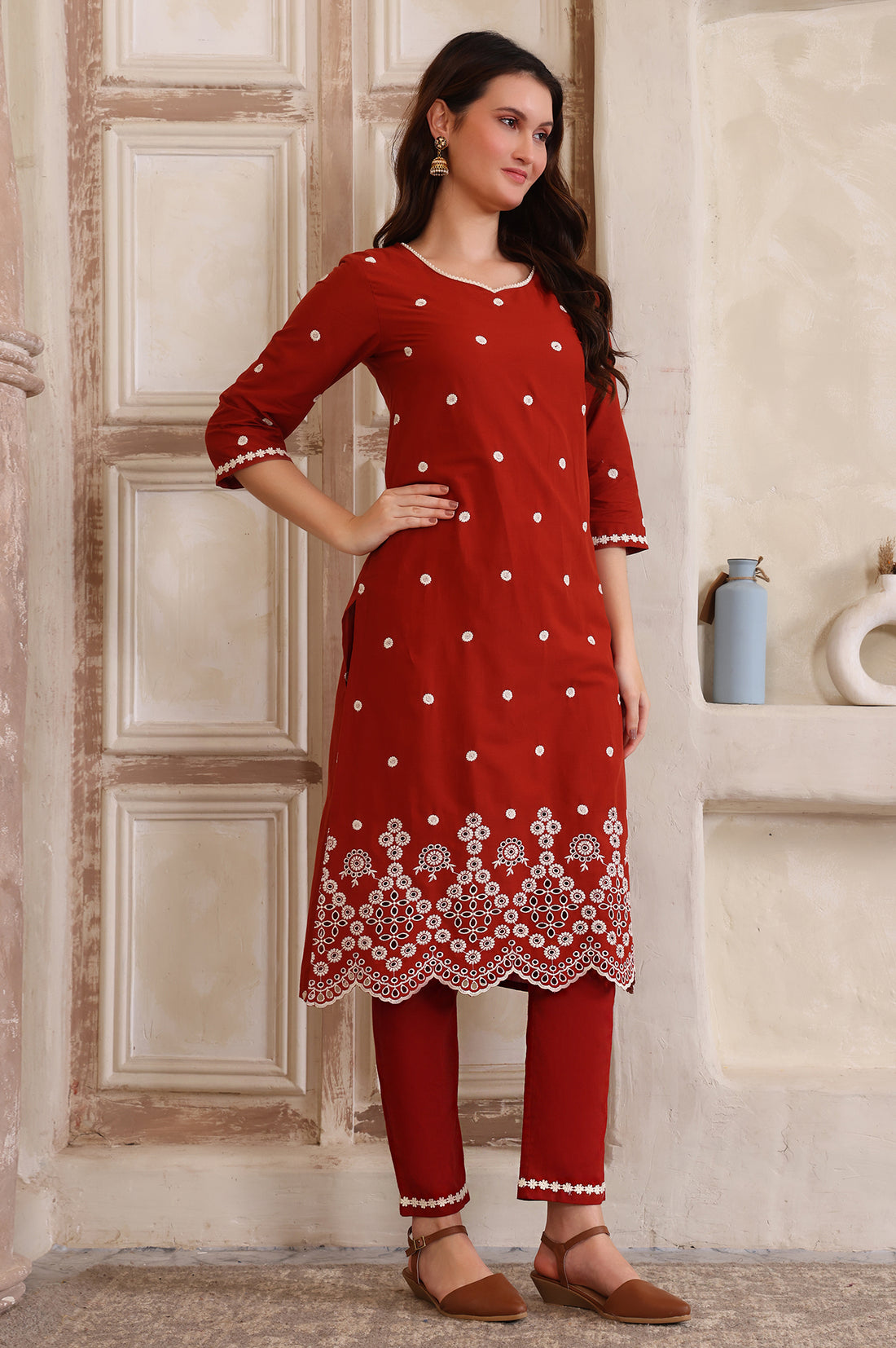 Rust Embroidered Schiffily Straight Cotton Kurta, Trouser and Dupatta Set
