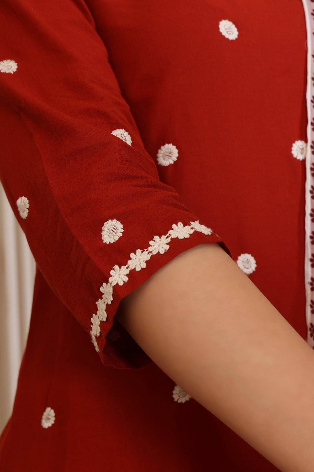 Rust Embroidered Schiffily Straight Cotton Kurta, Trouser and Dupatta Set