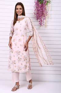 Pink Floral Printed Schiffily Embroidered Liva Straight Kurta, Palazzo and Dupatta Set