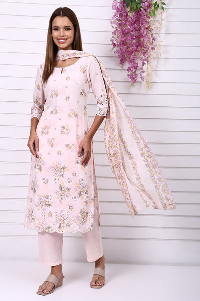Pink Floral Printed Schiffily Embroidered Liva Straight Kurta, Palazzo and Dupatta Set