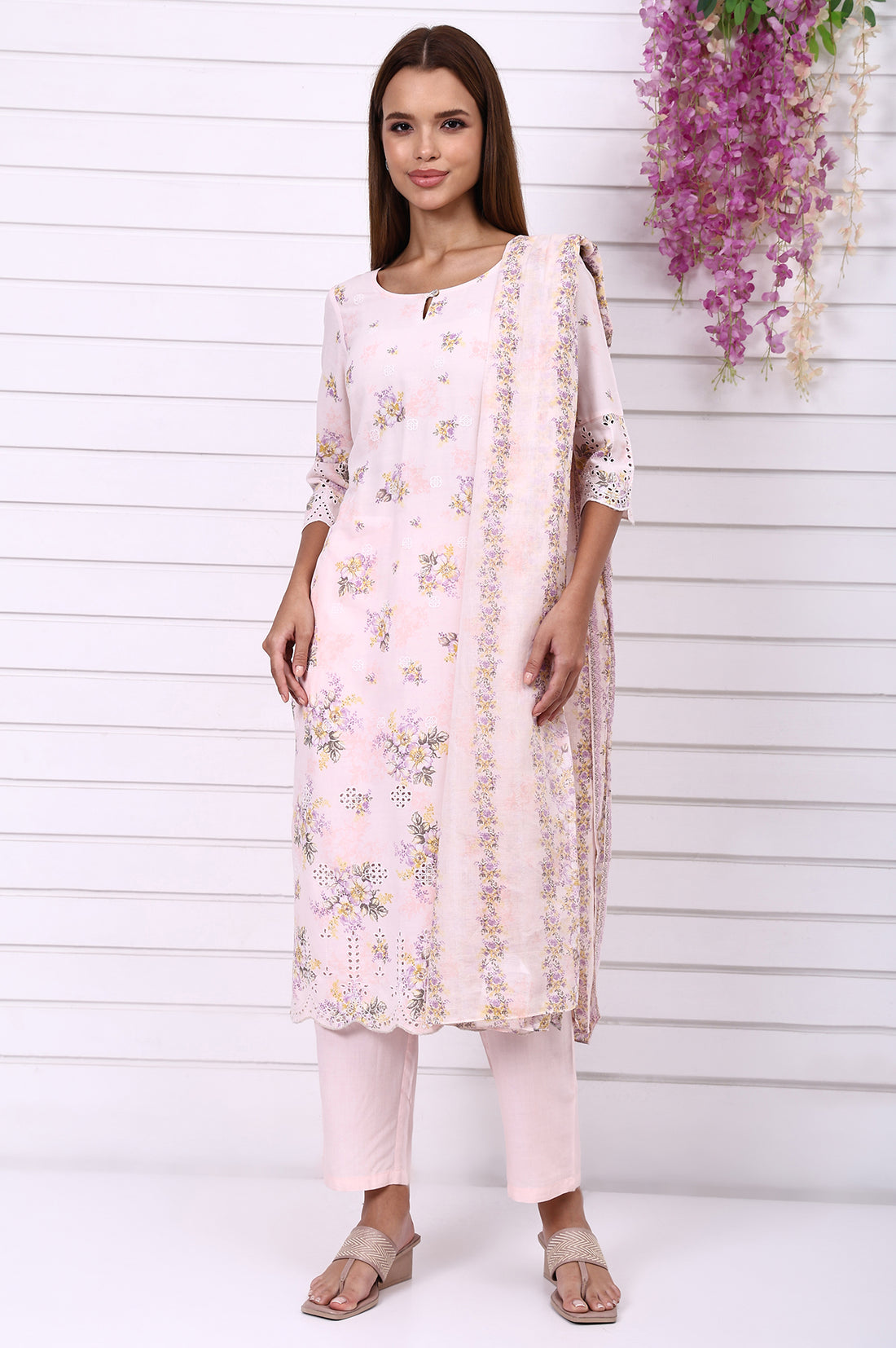 Pink Floral Printed Schiffily Embroidered Liva Straight Kurta, Palazzo and Dupatta Set
